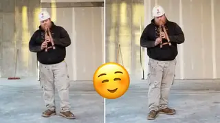 Construction worker plays flute