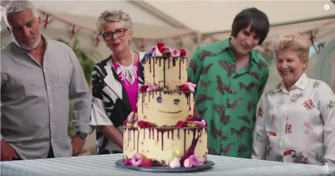 Sandi Toksvig in the Great British Bake Off with co-host Noel Fielding, and judges Paul Hollywood and Prue Leith
