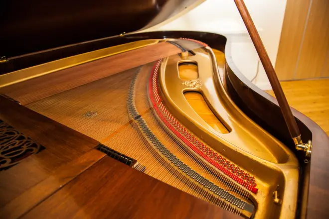 The interior of Holst's Broadwood piano, showing the resonant, ‘barless’ design