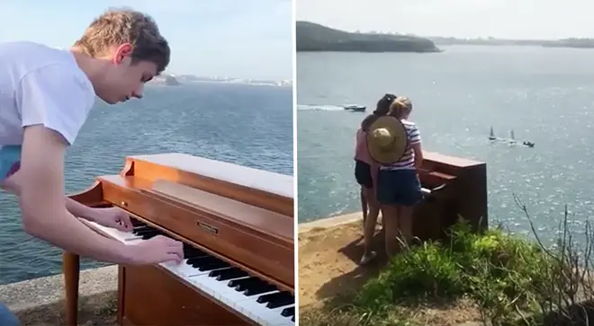 A piano has been abandoned on top of a cliff