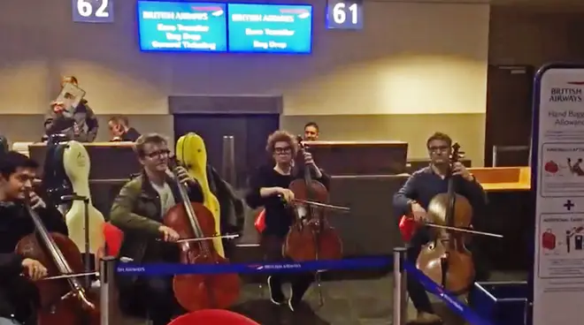 Cellists playing at the British Airway's check-in