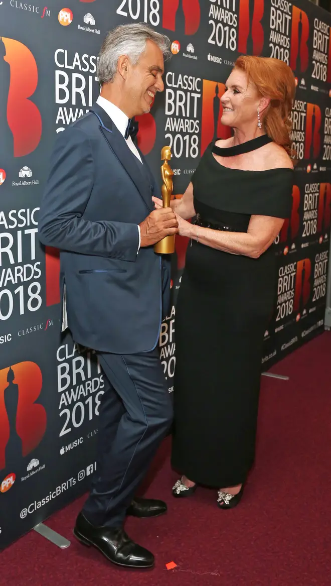 The Duchess of York presenting Andrea Bocelli with the Classic BRIT Icon Award